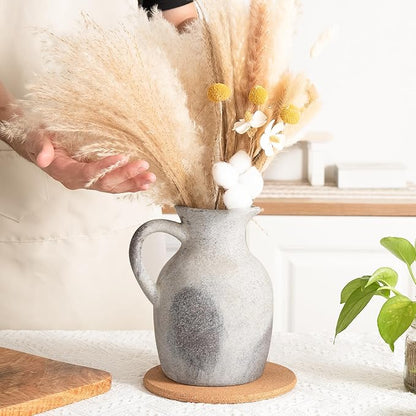 Ceramic Rustic Vase with Handle, Decorative Jug Pitcher, Terracotta Stone Vase for Decor Living Room, Vintage Home Decor, Natural