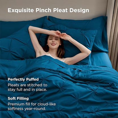 Bedsure King Size Comforter Set Teal - Bed in a Bag Bedding Set 7 Pieces, GentleSoft™ Pintuck Bed Set Gift for Family, Pinch Pleat Teal Comforter with Sheets, Pillowcases & Shams