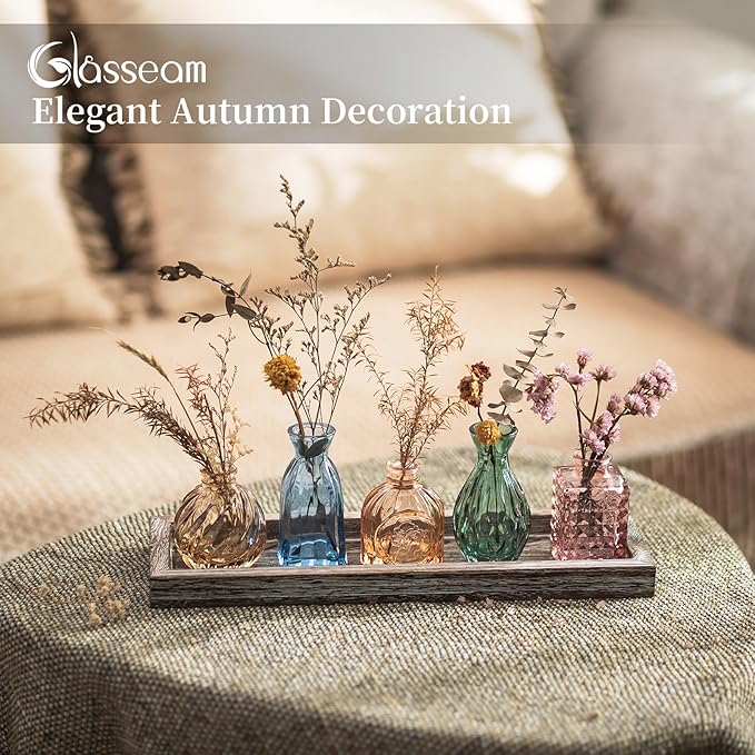 Glasseam Glass Bud Vases for Flower: 5 Colorful Small Vases Set with Rustic Wooden Tray for Home Office Living Room Bathroom - Vintage Table Centerpieces for Birthdays Wedding Housewarming Gifts