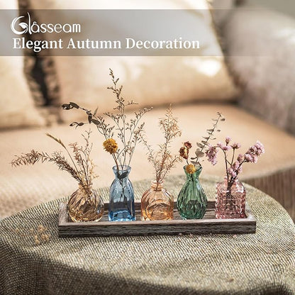 Glasseam Glass Bud Vases for Flower: 5 Colorful Small Vases Set with Rustic Wooden Tray for Home Office Living Room Bathroom - Vintage Table Centerpieces for Birthdays Wedding Housewarming Gifts