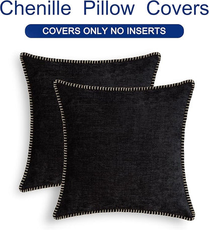 CaliTime Throw Pillow Covers Decorative 26 X 26 Inches Pack of 2 Cotton Thread Stitching Edges Solid Dyed Soft Chenille Cushion Cases for Couch Sofa Bed Living Room Farmhouse Black