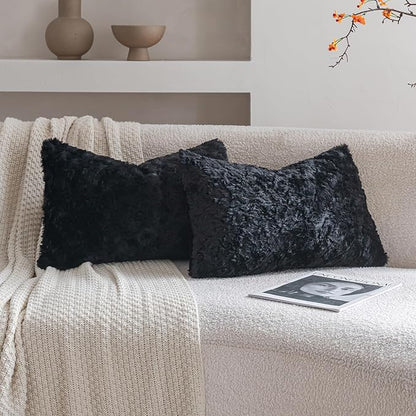Neelvin Set of 2 Faux Fur Throw Pillow Covers 12x20 Inch Black Cozy Soft Solid Decorative Pillowcases Thick Plush Sheepskin Cushion Case for Chair and Couch Sofa Bedroom