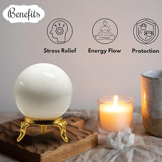Amazing Gemstone Snow Quartz Crystal Ball with Stand - 1.5 Inches Crystal Sphere Meditation Balls for Witchcraft and Decorative Balls