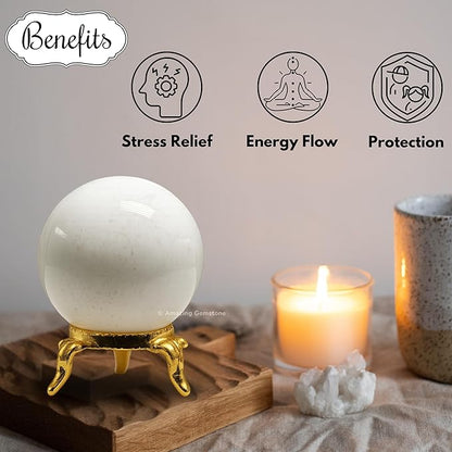 Amazing Gemstone Snow Quartz Crystal Ball with Stand - 1.5 Inches Crystal Sphere Meditation Balls for Witchcraft and Decorative Balls