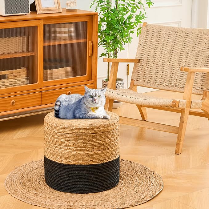 Wimarsbon Round Pouf Ottomans, Handwoven Natural Water Hyacinth Seagrass Pouffe,Outdoor Rattan Stool Accent Seat, Bohemian Coastal Home Decor (Storage - 18inch Natural Cattail & Black Corn Shell)