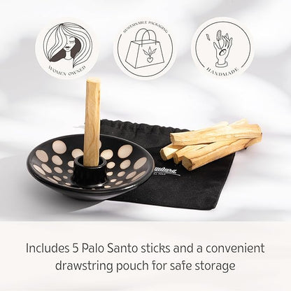 Luna Sundara Authentic Peru Pottery Palo Santo Stick Holder and Incense Holder with 5 Palo Santo Sticks Handmade Ceramic Smudge Bowl Sage Holder Black and White Polka Gift Set