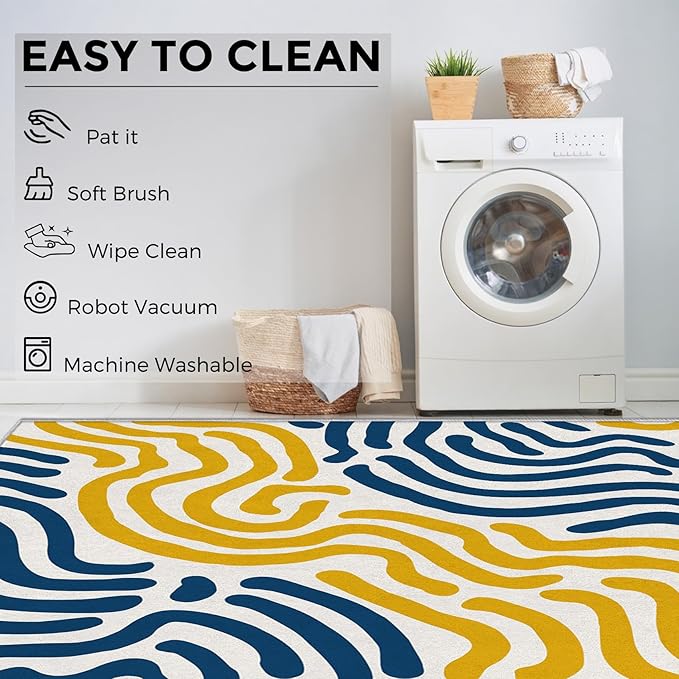 8x10 Abstract Wavy Line Rugs for Bedroom Decor, Washable Yellow Blue Lines Pattern Area Rug, Living Room Home Decoration, Non Slip Soft Thin, Abstract Art Decor Large Carpet PF-P 56