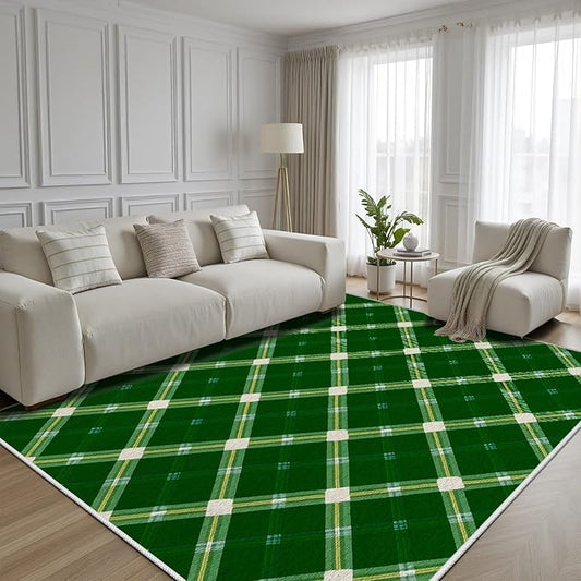 Plaid Rug - 6x8 Rug for Living Room, Geometric Stripes Soft Neutral Indoor Floor Carpet, Non-Slip Stain Resistant Modern Washable Rugs for Bedroom, Green Area Rugs