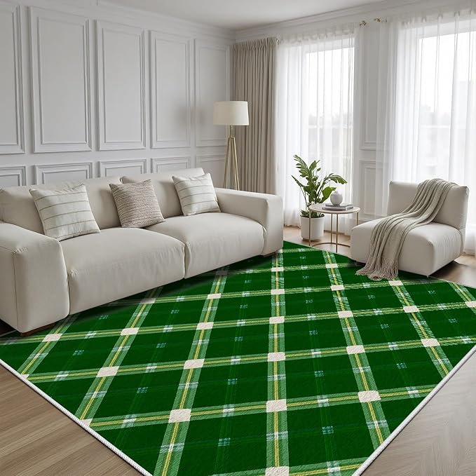Plaid Rug - 7x10 Rug for Living Room, Geometric Stripes Soft Neutral Indoor Floor Carpet, Non-Slip Stain Resistant Modern Washable Rugs for Bedroom, Green Area Rugs