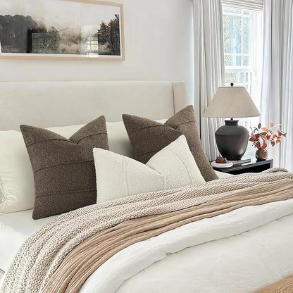 YCOLL Textured Boucle Throw Pillow Covers 22x22 Pack of 2 - Soft Neutral Striped Cushion Covers, Cozy Accent Decorative Pillow Covers for Couch, Sofa, Bed, Living Room (Brown)