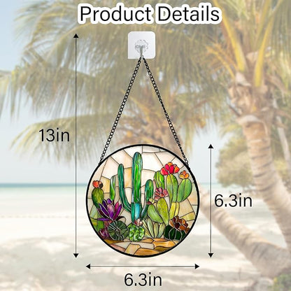 DASTOLL Stained Glass Window Hanging, White Green Cactus Suncatcher Diamond Glass Panel Hangings Sun Catchers Decor for Birthday for Women, Men, Wife, Aunt, and Mom 6.3 in