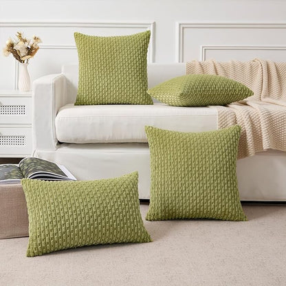 Kevin Textile Spring Decorative Pillow Covers Set of 2 Striped Plush Corduroy Pillows Pillowcases Boho Home Decor Cushion Covers for Couch Sofa Bed Living Room 18x18 Inch, Grass Green