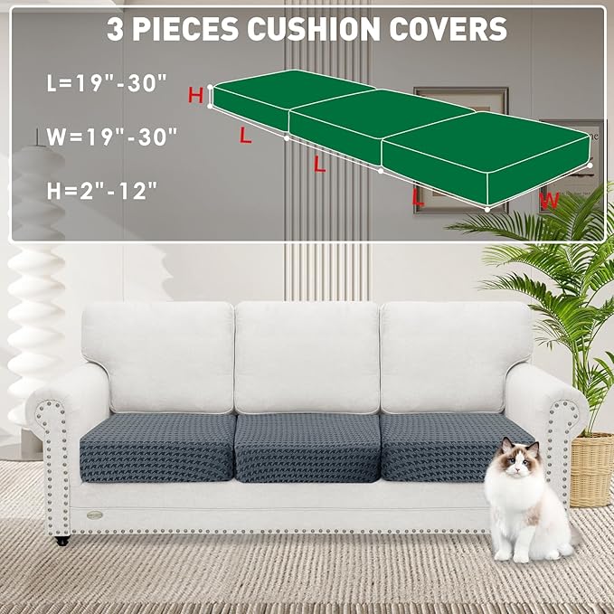MAXIJIN Couch Cushion Covers for Sectional Sofa, Stretch Sofa Cushion Cover Washable Furniture Protector with Elastic Bottom & Non-Slip Strap for Pets Kids (3PC Seat Cover, Dark Gray)
