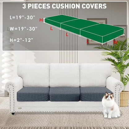 MAXIJIN Couch Cushion Covers for Sectional Sofa, Stretch Sofa Cushion Cover Washable Furniture Protector with Elastic Bottom & Non-Slip Strap for Pets Kids (3PC Seat Cover, Dark Gray)