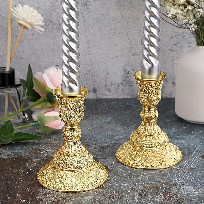 OwnMy 2PCS Brass Taper Candle Holders Candle Stick Holders Set Vintage Metal Pillar Candlestick Holders, 4”H Elegant Candle Stand Candelabra for Dining Table Centerpieces Wedding Home Decoration, Gold