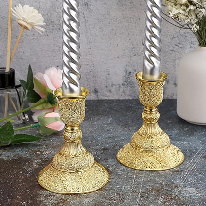 OwnMy 2PCS Brass Taper Candle Holders Candle Stick Holders Set Vintage Metal Pillar Candlestick Holders, 4”H Elegant Candle Stand Candelabra for Dining Table Centerpieces Wedding Home Decoration, Gold