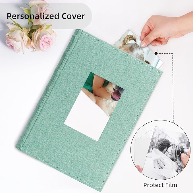 Vienrose Photo Album 4x6 300 Photos Linen Frame Cover with Memo Areas Photobook Large Capacity Slip-in Pictures Book for Wedding Baby Vacation, Green