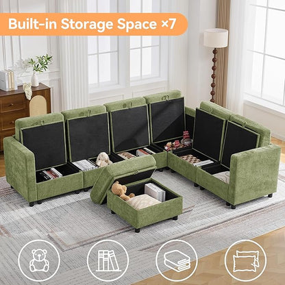 104'' V Shaped Modular Sofa, Sectional Couch with Storage for Living Room, Modern 7 Seater Cloud Sectional Couch with Movable Ottoman, Chenille Green