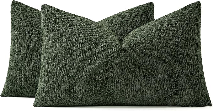 MIULEE 12x20 Inch Christmas Decorative Lumbar Throw Pillows for Bed Set of 2 Textured Boucle Neutral Winter Throw Pillow Covers Dark Green Accent Solid Pillowcases Sofa Livingroom Home Decor