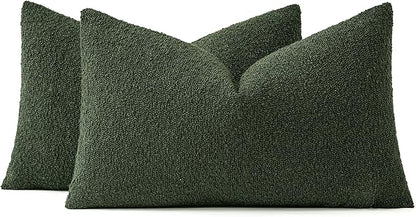 MIULEE 12x20 Inch Christmas Decorative Lumbar Throw Pillows for Bed Set of 2 Textured Boucle Neutral Winter Throw Pillow Covers Dark Green Accent Solid Pillowcases Sofa Livingroom Home Decor