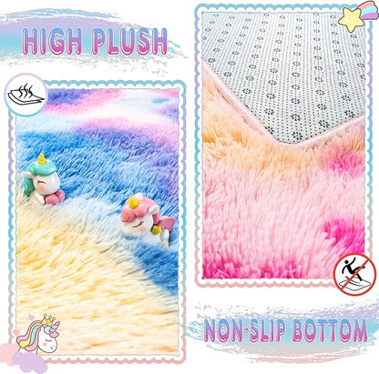 Super Fluffy Rug for Bedroom, 4x6 Shag Fuzzy Area Rug for Living Room Bedroom, Plush Soft Carpet for Girls Boys Kids, Non Slip Throw Rugs for Dorm, Modern Home Decor Aesthetic, Dark Rainbow