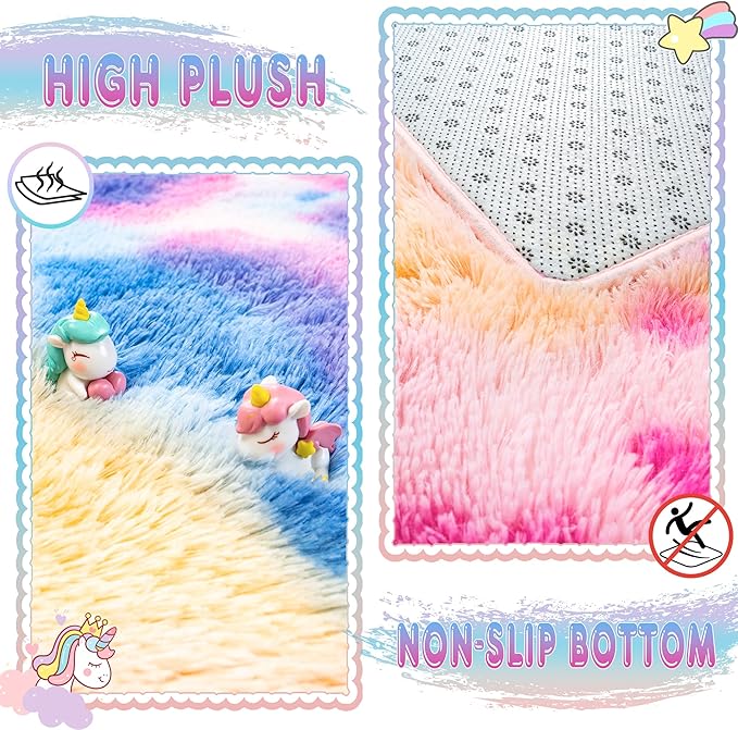 8x10 Large Area Rugs for Living Room, Ultra Fluffy Shag Rug for Bedroom, Modern Plush Soft Carpet for Girls Boys Kids Room Dorm Fuzzy Non Slip Rug for Home Decor Aesthetic, Dark Rainbow