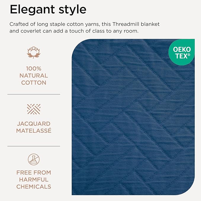 Threadmill Luxury Cotton Blankets for Queen Size Bed | All-Season 100% Cotton Queen Size Blanket | Criss Cross Cozy Lightweight, Soft Breathable Coverlet fits Full Size Bed, 90x92 | Folkstone Blue