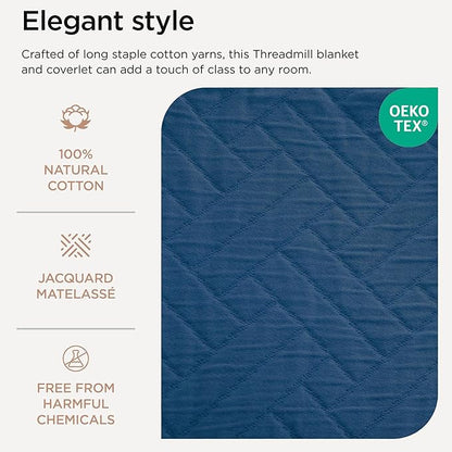 Threadmill Luxury Cotton Blankets for Queen Size Bed | All-Season 100% Cotton Queen Size Blanket | Criss Cross Cozy Lightweight, Soft Breathable Coverlet fits Full Size Bed, 90x92 | Folkstone Blue