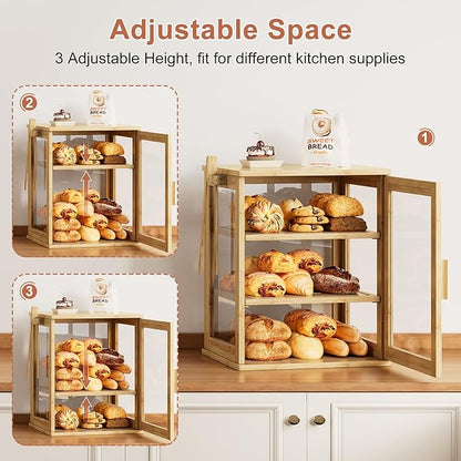WOWLIVE Bamboo Bread Box for Kitchen Countertop, Large 3 Layers Bread Storage Container for Homemade Bread with Window, Farmhouse Breadbox Organizer for Kitchen, Cabinet, Pantry (Natural, Extra Large)