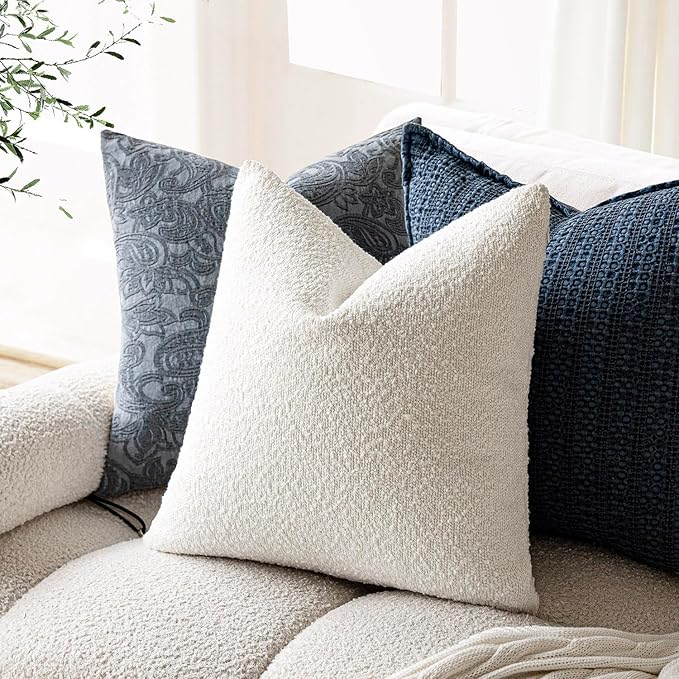 Foindtower Textured Boucle Throw Pillow Covers Accent Solid Pillow Cases Cozy Soft Decorative Couch Cushion Case for Chair Sofa Bedroom Living Room Home Decor, 20 x 20 Inch,White