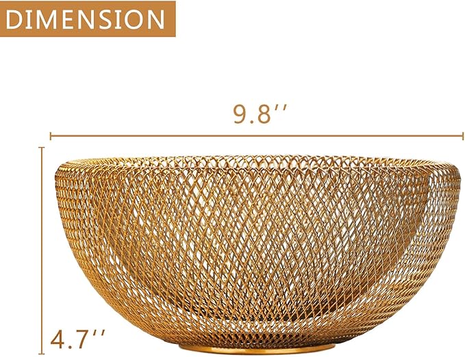 IBWell Metal Wire Woven Fruit Storage Bowl Basket for Kitchen, Large Black Mesh Fruit Stand, for Apple, Pineapple, Banana, Orange, Lemon, Pear, Strawberry, Watermelon (Gold, Nomal)