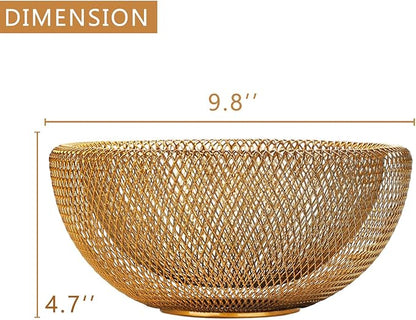 IBWell Metal Wire Woven Fruit Storage Bowl Basket for Kitchen, Large Black Mesh Fruit Stand, for Apple, Pineapple, Banana, Orange, Lemon, Pear, Strawberry, Watermelon (Gold, Nomal)