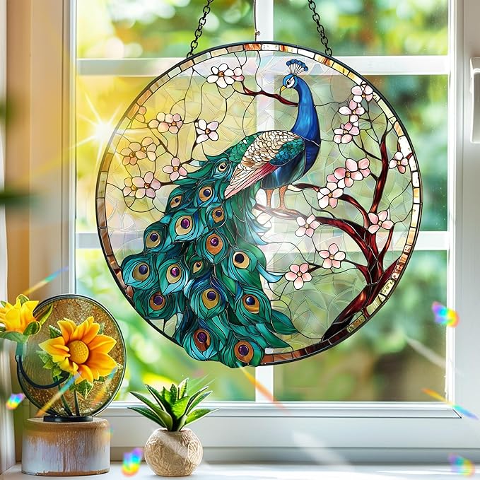 Bimkole Peacock Sun Catchers Indoor Window - Animals Acrylic Suncatcher Hanging Decoration for Living Room Bedroom Summer Home Balcony Outdoor Garden Ornaments Decoration 7.8x7.8 Inch