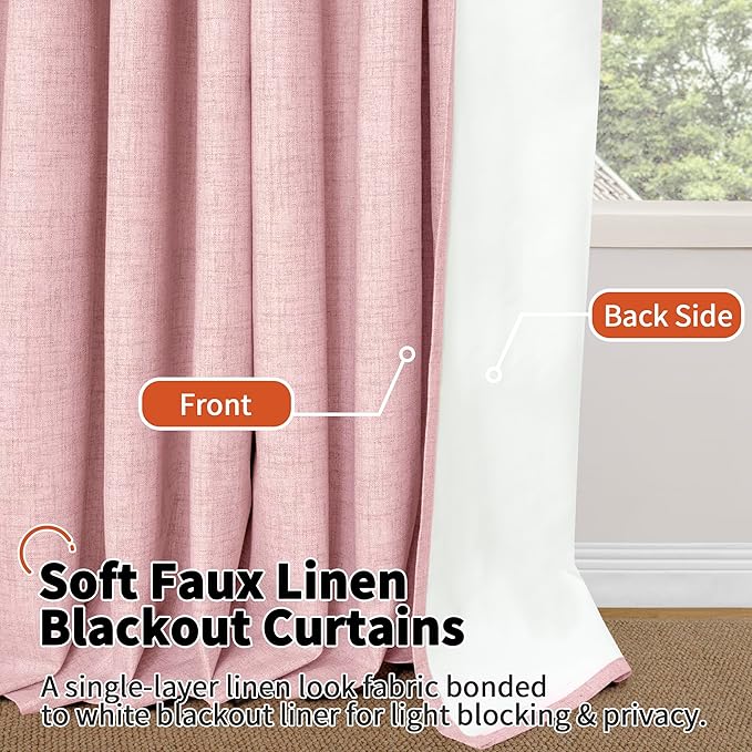 Lajode Baby Pink Linen Blackout Curtains for Nursery 40 Inch Length 2 Panels, Short Thermal Insulated Boho Total Black Out Noise Reducing Small Window Curtains for Girls Bedroom, Each 38 Inch Wide