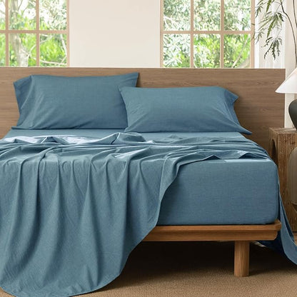 MooMee Bedding Sheet Set 100% Washed Cotton Linen Like Textured Breathable Durable Soft Comfy (Heathered Peacock Blue, Queen)
