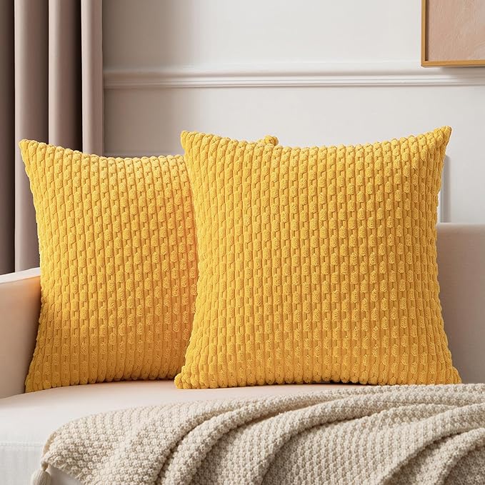 Kevin Textile Set of 2 Decorative Pillow Cover Solid Striped Corduroy Plush Velvet Cushion Cover for Couch Machine Washable Pillowcase 50cm 20 x 20 Inch Yellow