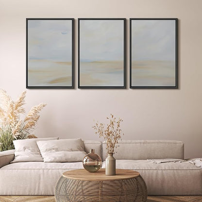 MUDECOR Framed Wall Art Print Set Minimalist Coastal Horizon in Soft Blue and Sand Colors Illustrations Modern Art Boho Decorative Chic for Living Room, Bedroom, Office - 16"x24"x3 Black