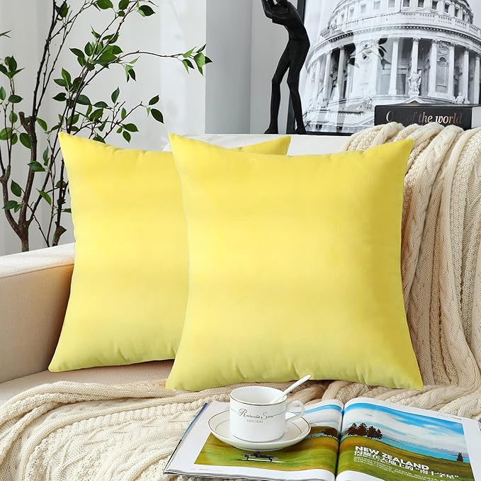 Jeneoo Comfy Soft Thick Velvet Throw Pillow Covers for Sofa Couch, Decorative Solid Square Cushion Cases for Bedroom Car (Lemon Yellow, 16 x 16 Inches, 2 Pieces)