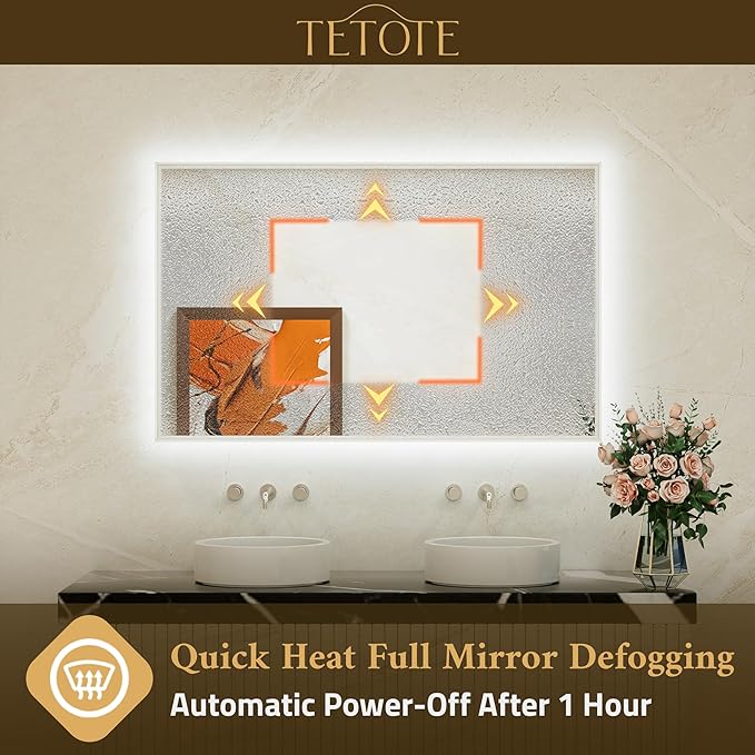 TETOTE 24 x 36 Backlit Bathroom Mirror Brushed Nickel Metal Frame LED Light Vanity 3-Color White/Warm/Natural Stepless Dimmable Anti-Fog Backlight Mirror Wall-Mounted