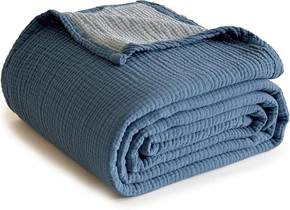 Simple&Opulence 100% Cotton Muslin Blanket King Size, Lightweight Breathable 4 Layering Gauze Blanket for Bed Couch Camping, Soft Bedspread Coverlet All-Season Use (Dusty Blue, 104" x 92")