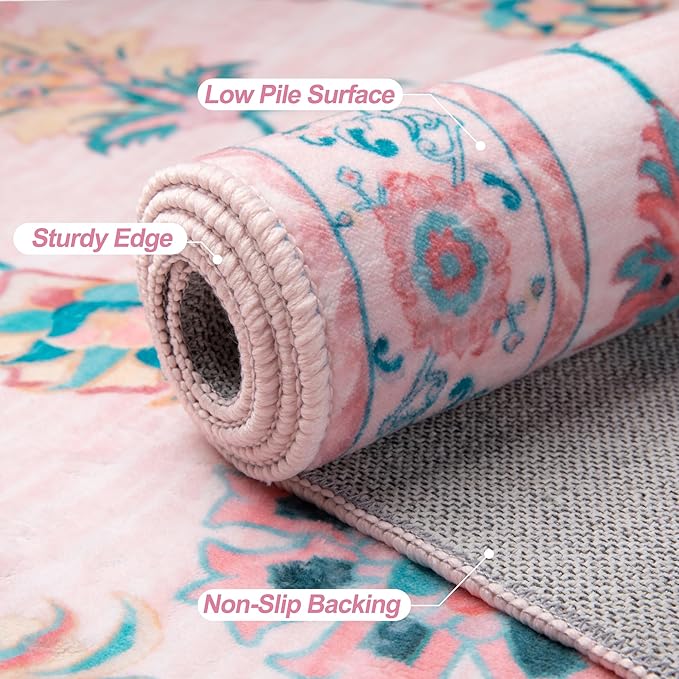Tangsoo 3x5 Pink Small Area Rug for Bedroom Girls, Non Slip Washable Cute Floral Rug for Nursery Bedside, Soft Low Pile Front Door Carpet Indoor Entrance Inside House Bathroom Classroom Teen Room