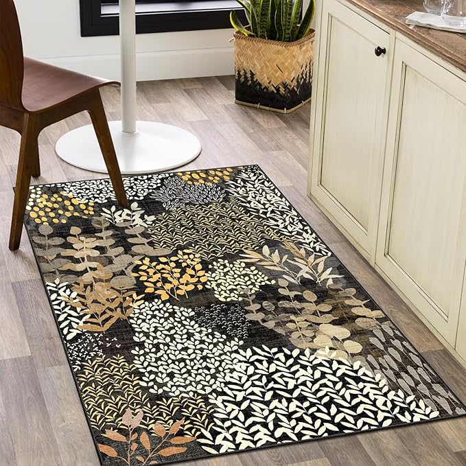 DEXDE 2x3 Area Rug, Small Boho Rugs Entryway Doormat Indoor Machine Washable Non-Slip Abstract Botanical Leaves Floral Floor Carpet for Living Room Bedroom Office Playroom, Black