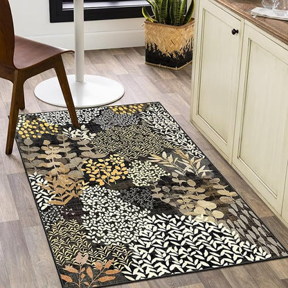 DEXDE 2x3 Area Rug, Small Boho Rugs Entryway Doormat Indoor Machine Washable Non-Slip Abstract Botanical Leaves Floral Floor Carpet for Living Room Bedroom Office Playroom, Black