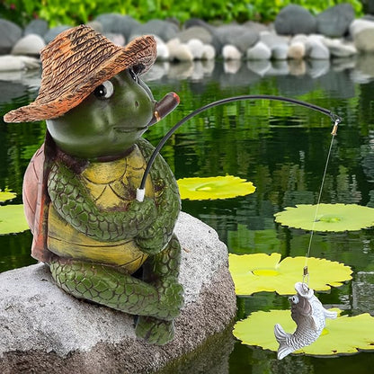 9.5" Turtle Fishing Sculptures & Statues, Whimsical Yard Art, Funny Pond Fisherman, Cute Outdoor Ornament, Unique Gift for Turtle Fishing Lovers