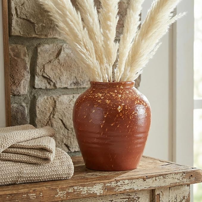 7IN Rustic Farmhouse Ceramic Vase Home Decor,Handmade Vintage Stoneware Clay Pottery Terracotta Textured for Modern Farmhouse, Living Room, Office Desk Table Shelf(Brown)