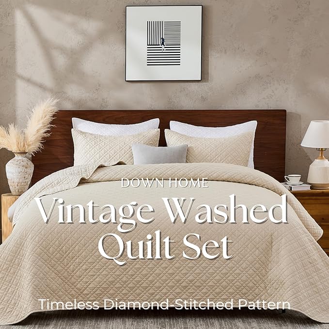 Queen Quilt Set with Shams Lightweight Quilted Bedspread Coverlet Thin Comforter Bed Cover Vintage Washed Quilted Blanket for All Season, Brushed Microfiber Diamond Stitching, Beige, 88"x92"