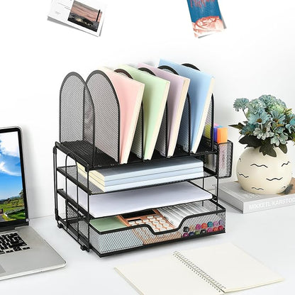 Desk Organizers and Accessories with Drawer, File Organizer with 5 Vertical File Holders and Pen Holders, Office Desk Accessories Workspace Desktop Organizers for Office Supplies (Black)