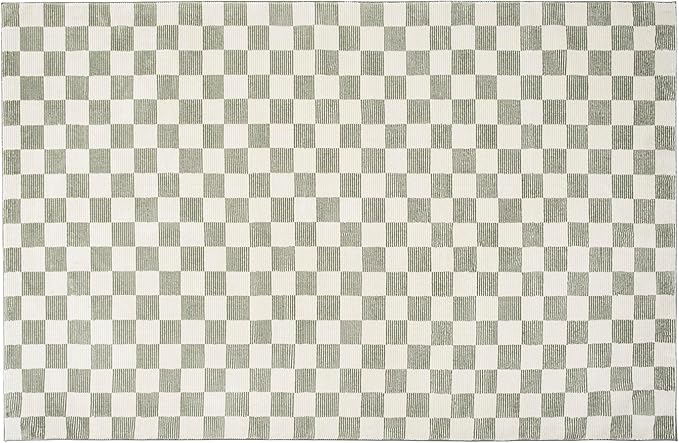 Revival Rugs Gambit 6'7"x9' Checkered Rug Washable Area Rug for Living Room Bedroom - 100% Recycled Oeko-TEX Certified, Medium Pile, Green, Beige