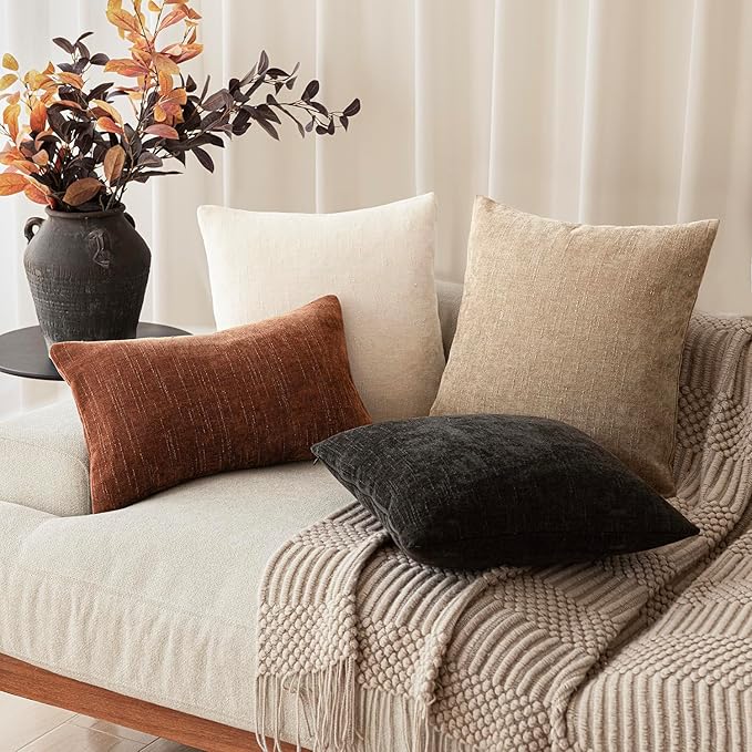 Foindtower Pack of 2 Textured Chenille Throw Decorative Pillow Covers Square Accent Solid Cushion Cover Neutral Farmhouse Lumbar Pillow Case for Couch Sofa Bedroom Living Room 12x24 Inch,Red Taupe
