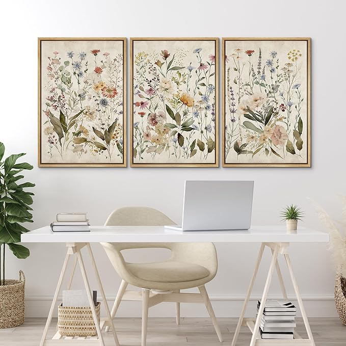 MUDECOR Framed Wall Art Print Set Blooming Wildflowers Illustrations Modern Art Decorative Colorful Chic for Living Room, Bedroom, Office - 16"x24"x3 Natural